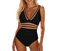 Generisch Traje de baño de surf para mujer y mujer, de malla, 1 pieza, traje de baño push up acolchado, traje de baño de entrenamiento, deporte, traje de baño deportivo con fruncido, Negro , S