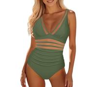 Generisch Traje de baño de surf para mujer y mujer, de malla, 1 pieza, traje de baño push up acolchado, traje de baño de entrenamiento, deporte, traje de baño deportivo con fruncido, verde, S