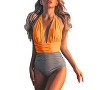 Generisch Traje de baño de una pieza de verano 2026 para mujer, traje de baño de cintura alta, monokini, traje de baño frontal cruzado, traje de baño de 1 pieza, naranja, M