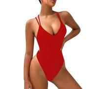 Generisch Traje de baño para mujer, traje de baño push up, monocolor, sexy, monokini, con cuello en V, sexy, rojo, M