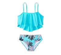 Generisch Traje de baño para niña con un solo color, parte superior de bikini con volantes, camiseta de baño juvenil, con pantalones, dos piezas, volantes, tankinis, Traje de baño M1-azul cielo, 13-14
