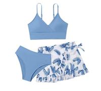 Generisch Traje de baño para niña de 3 piezas, color liso, bikini Rullfe, azul claro, 17Y