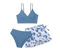 Generisch Traje de baño para niña de 3 piezas, color liso, bikini Rullfe, marine, 17Y