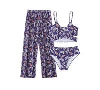 Generisch Traje de baño para niña de tres piezas, parte superior con cuello halter y pantalones largos, diseño estampado teñido con cintura elástica, tejido cómodo para días de verano sin