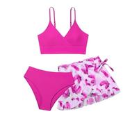 Generisch Traje de baño para niña, traje de baño para niña, 3 piezas, traje de baño monocolor, bikini Rullfe, braguitas para niña, Rosa intenso., 16-17 años