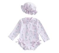 Generisch Traje de baño para niñas de manga larga con protección solar integrada sombrero ropa de playa, Color lila claro., 3-6 meses