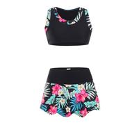 Generisch Traje de baño para padres e hijos con estampado floral de hojas de moda de bikini dividido conjunto de traje de baño para madre e hija ropa de playa de verano para familia, Negro , 6-8