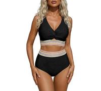 Generisch Traje de baño tankini de dos piezas con cintura alta, cordón lateral, acolchado push-up integrado para mujer, ideal para vacaciones en la playa junto al mar, realza la figura y cómodo, Negro