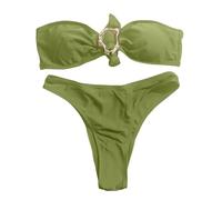 Generisch Traje de baño tankini de dos piezas en diseño liso con parte superior bandeau de corte alto para vacaciones en la playa piscina, verde, XL