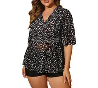 Generisch Traje de baño tankini de talla grande con diseño floral como un elegante conjunto con parte superior de vestido y pantalones cortos para una cobertura completa del cuerpo, Negro , XXL