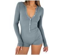 Generisch Traje de casa para mujer de una pieza acogedor, pijama de manga larga, sexy, ajustado, ropa de noche, monocolor, ropa de dormir suave, cuello en V, conjunto de pijama con botones, gris, L