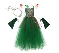 Generisch Traje de cuento de hadas infantil para niña, vestido de tul verde Halloween con temática de bosque de 4 habitaciones, falda tutú con mangas para mangas