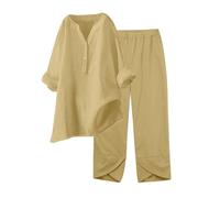 Generisch Traje de dos piezas para mujer, algodón y lino, monocolor, juego de 2 piezas, tallas grandes, traje de pantalón de manga corta y pantalones largos de pierna ancha, conjunto de muselina