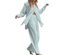 Generisch Traje de dos piezas para mujer, retro, talla grande, camisa de lino de algodón, traje de camisa de lino de cintura alta, traje de manga larga, traje de muselina, traje casual ligero de lino