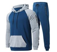 Generisch Traje de dos piezas sólido casual masculino con cremallera manga raglán sudaderas con capucha con cordón bolsillo con cremallera pantalones conjunto, azul, L