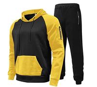Generisch Traje de dos piezas sólido masculino casual con cremallera manga raglán sudaderas con capucha con cordón con cremallera pantalones conjunto, amarillo, L