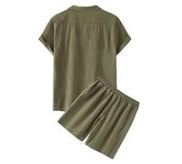 Generisch Traje de hombre de dos piezas colección primavera manga corta cuello vuelto algodón lino para elegancia elegante comodidad, Verde militar., S