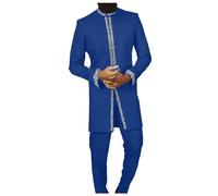Generisch Traje de hombre, traje pantalón, bordado, cuello redondo, manga larga, color sólido, dos piezas, social, africano, nacional, ropa de hombre, estilo nacional, azul, XXL