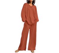 Generisch Traje de lino elegante de dos piezas para mujer, ligero y aireado, conjunto de pantalones y camiseta de manga larga, traje de 2 piezas, transpirable, tallas grandes, traje casual con cuello