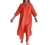 Generisch Traje de lino elegante de dos piezas para mujer, monocolor, informal, vestido de lino y pierna ancha, traje de 2 piezas, juego casual, cuello redondo, traje de pantalón de manga larga, retro