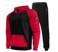 Generisch Traje de luto para hombre fijo de dos piezas con cremallera manga raglán sudaderas con capucha con cordón con cremallera pantalones conjunto de medias para hombre, rojo, L