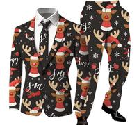 Generisch Traje de Navidad para Hombre Blazer de Motivo Navideño Pantalón de Traje Conjunto Festivo de Navidad para Fiestas Set Clásico de Traje Navideño Merry Christmas Traje de Ocio, 01 gris., S