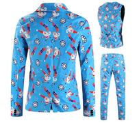 Generisch Traje de Navidad para hombre, divertido, de manga larga, chaqueta con chaleco, pantalones de muñeco de nieve, juego de 3 piezas, chaqueta de traje, pantalones y chaleco de traje, traje de