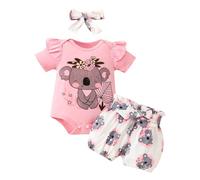 Generisch Traje de niña para niños y niñas, manga corta, estampado de dibujos animados, mameluco, pantalones cortos, trajes, rojo, 3-6 meses