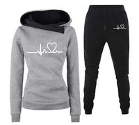 Generisch Traje de ocio, chándal para mujer, 2 piezas, estampado de latidos de corazón, traje de casa con bolsillos, corte ajustado, cómodo, ocio, deporte, sudadera con capucha y pantalón, juego de