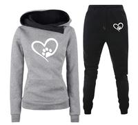 Generisch Traje de ocio, chándal para mujer, 2 piezas, estampado de latidos de corazón, traje de casa con bolsillos, corte ajustado, cómodo, ocio, deporte, sudadera con capucha y pantalón, juego de