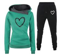 Generisch Traje de ocio, chándal para mujer, 2 piezas, estampado de latidos de corazón, traje de casa con bolsillos, corte ajustado, cómodo, tiempo libre, deporte, sudadera con capucha y pantalón