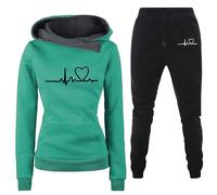 Generisch Traje de ocio, chándal para mujer, 2 piezas, estampado de latidos de corazón, traje de casa con bolsillos, corte ajustado, cómodo, ocio, deporte, sudadera con capucha y pantalón, juego de