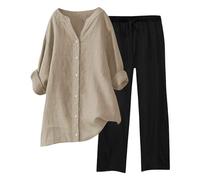 Generisch Traje de ocio para mujer de 2 piezas, traje de pantalón de lino, traje de lino de un solo color, blusa y pantalones largos, vintage, elegante, informal, holgado, traje deportivo, traje, ropa
