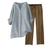 Generisch Traje de ocio para mujer de 2 piezas, traje de pantalón de lino, traje de lino de un solo color, blusa y pantalones largos, vintage, elegante, informal, holgado, traje deportivo, traje, ropa