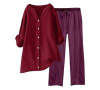 Generisch Traje de ocio para mujer de 2 piezas, traje de pantalón de lino, traje de lino de un solo color, blusa y pantalones largos, vintage, elegante, informal, holgado, traje deportivo, traje, ropa