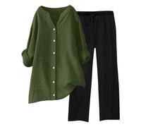 Generisch Traje de ocio para mujer de 2 piezas, traje de pantalón de lino, traje de lino de un solo color, blusa y pantalones largos, vintage, elegante, informal, holgado, traje deportivo, traje, ropa