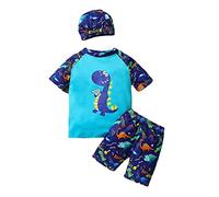 Generisch Traje de playa para niños pequeños con diseño de dinosaurios traje de baño de tres piezas con top de manga corta pantalones cortos sombrero, azul, 2-3 años
