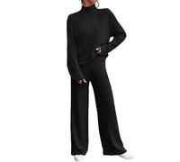 Generisch Traje de punto de dos piezas para mujer, manga larga, jersey de punto acanalado, pantalones largos, traje deportivo, conjunto informal, ropa de ocio, 2 piezas, cómodo traje de casa, ropa de