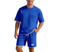 Generisch Traje de punto de verano ligero de dos piezas para combinaciones informales de manga corta en climas cálidos. Traje de hombre con ajuste holgado. Diseño monocolor, azul, M