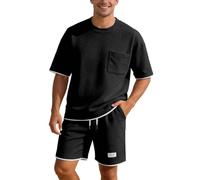Generisch Traje de punto de verano ligero de dos piezas para combinaciones informales de manga corta en climas cálidos. Traje de hombre con ajuste holgado. Diseño monocolor, Negro , 3XL