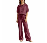 Generisch Traje de verano de dos piezas para mujer, tallas grandes, algodón y lino, para correr, camisa y pantalones con cuello de Peter Pan, camisa y pantalones con pierna ancha, traje de abotonado