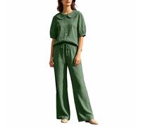 Generisch Traje de verano de dos piezas para mujer, tallas grandes, algodón y lino, para correr, camisa y pantalones con cuello de Peter Pan, camisa y pantalones con pierna ancha, traje de abotonado