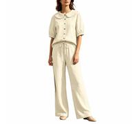 Generisch Traje de verano de dos piezas para mujer, tallas grandes, algodón y lino, para correr, camisa y pantalones con cuello de Peter Pan, camisa y pantalones con pierna ancha, traje de abotonado