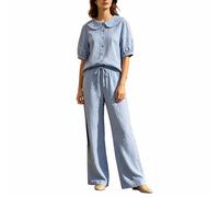 Generisch Traje de verano de dos piezas para mujer, tallas grandes, algodón y lino, para correr, camisa y pantalones con cuello de Peter Pan, camisa y pantalones con pierna ancha, traje de abotonado