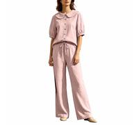 Generisch Traje de verano de dos piezas para mujer, tallas grandes, algodón y lino, para correr, camisa y pantalones con cuello de Peter Pan, camisa y pantalones con pierna ancha, traje de abotonado