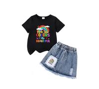 Generisch Traje de verano para niñas Bonito top de manga corta estampado con falda vaquera casual de dos piezas para actividades de ocio diarias, Negro , 3-4 años