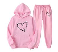 Generisch Traje deportivo de dos piezas para mujer, con estampado de corazón, con capucha, pantalones deportivos, 2 piezas, traje de ocio con capucha, chándal de manga larga, sudaderas y pantalones de