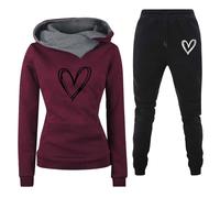 Generisch Traje deportivo de dos piezas para mujer, con estampado de corazón, pantalones deportivos de 2 piezas, traje de ocio con capucha, sudaderas y pantalones de manga larga, juego de 2 piezas
