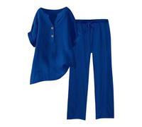Generisch Traje deportivo para mujer, 2 piezas, traje de pantalón de lino, traje de ocio, traje de lino monocolor, blusa de dos piezas, pantalones largos, elegante, holgado, traje deportivo, traje