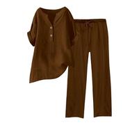 Generisch Traje deportivo para mujer, 2 piezas, traje de pantalón de lino, traje de ocio, traje de lino monocolor, blusa de dos piezas, pantalones largos, elegante, holgado, traje deportivo, traje